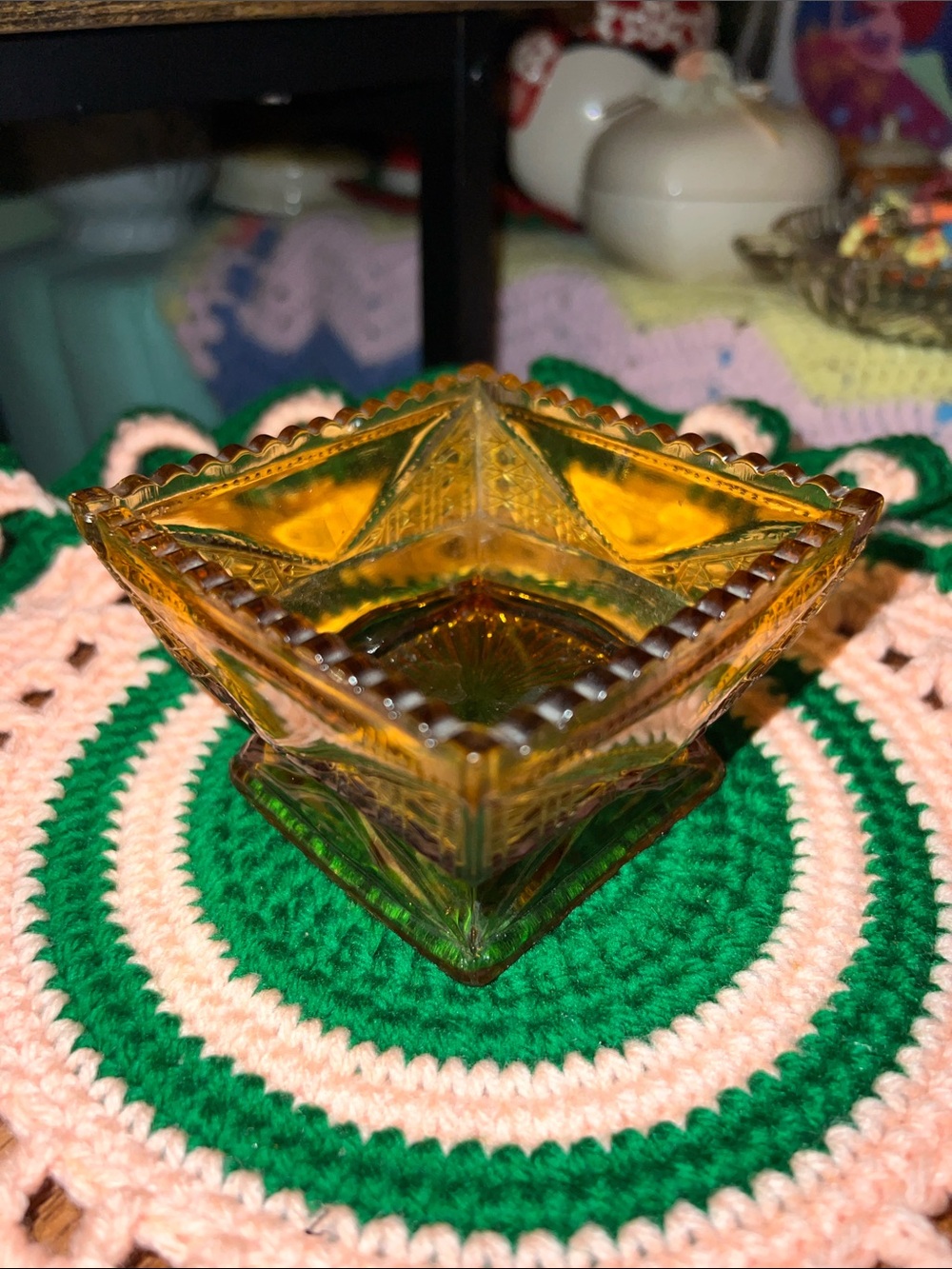 VTG Amber Carnival Glass Nut Candy Bowl Rippled Rim Detailed Design Square